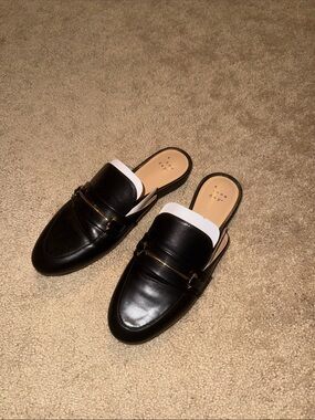 a new day Black Leather Slip-On Loafer Mules with Gold Bit